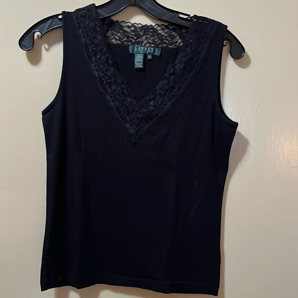 Ralph Lauren Black tank top.  Size P/P. Lace V-Neck trim. 95% Rayon.